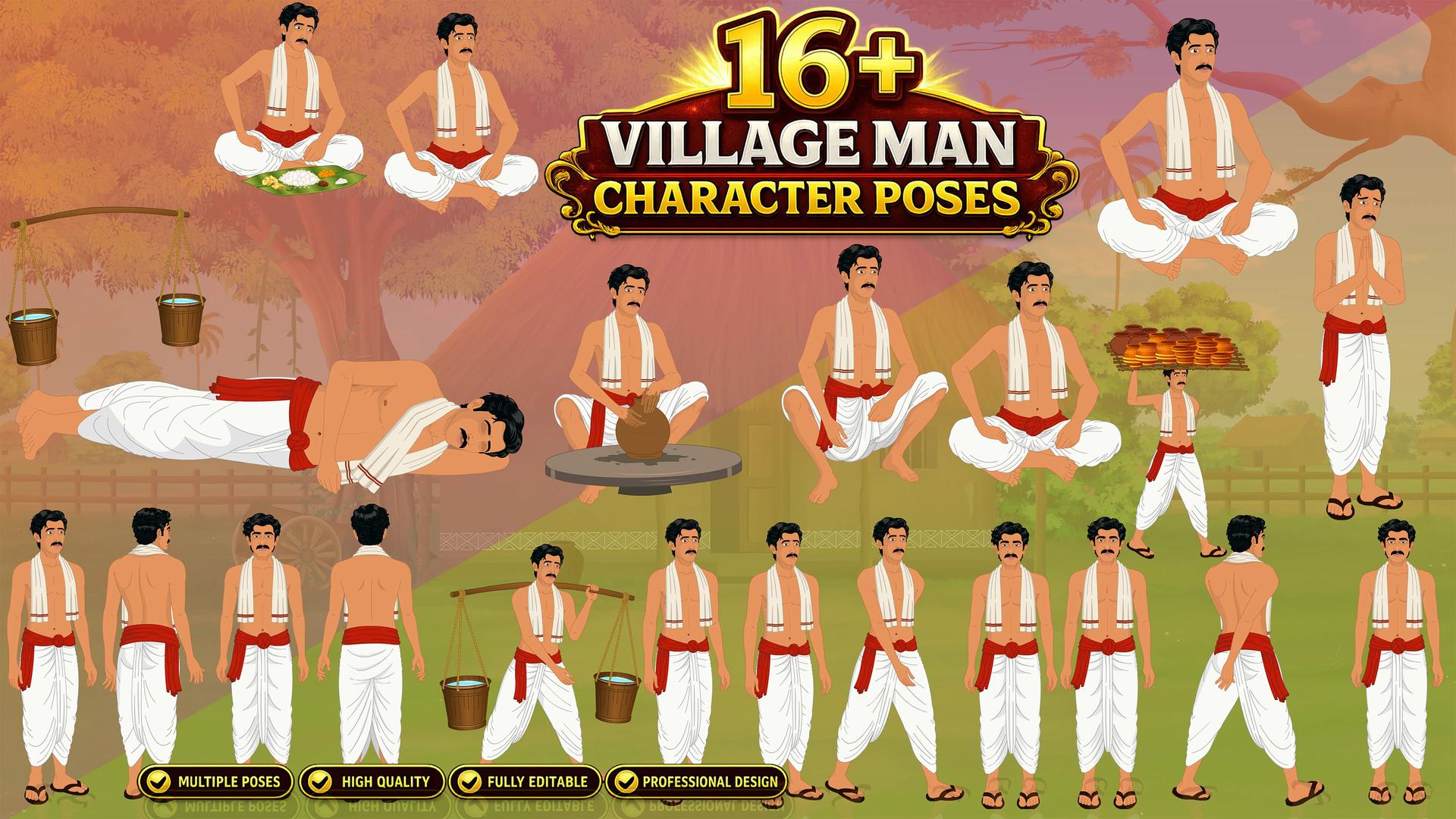 Premium 16+ Poor Kumhar Indian Village Animated Human Character