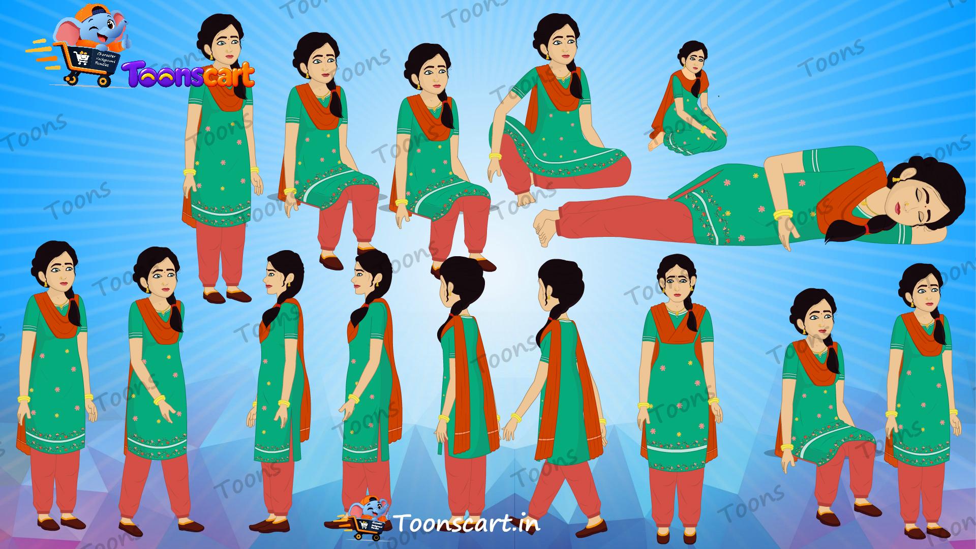 Indian Village Cute Girl In Suit Animated Human Character