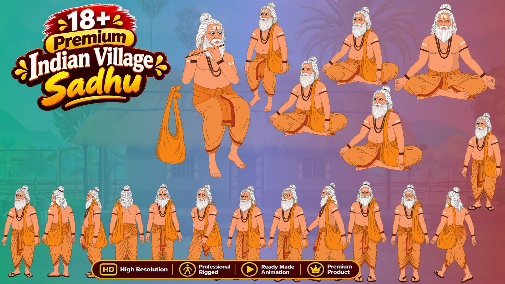 Indian Village Pandit Sadhu Animated Human Character