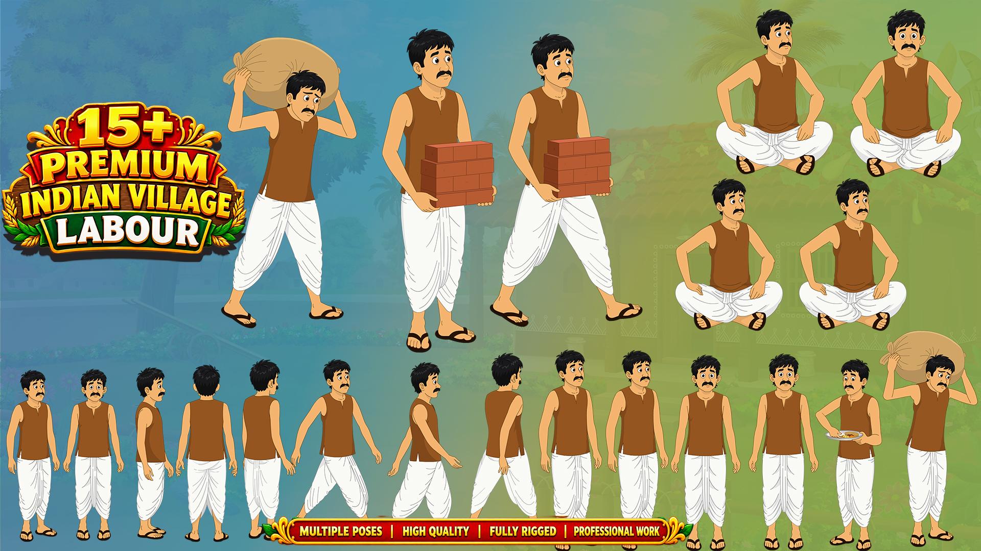 Premium 15+ Indian village man Labour(Mistri) Animated Human Character